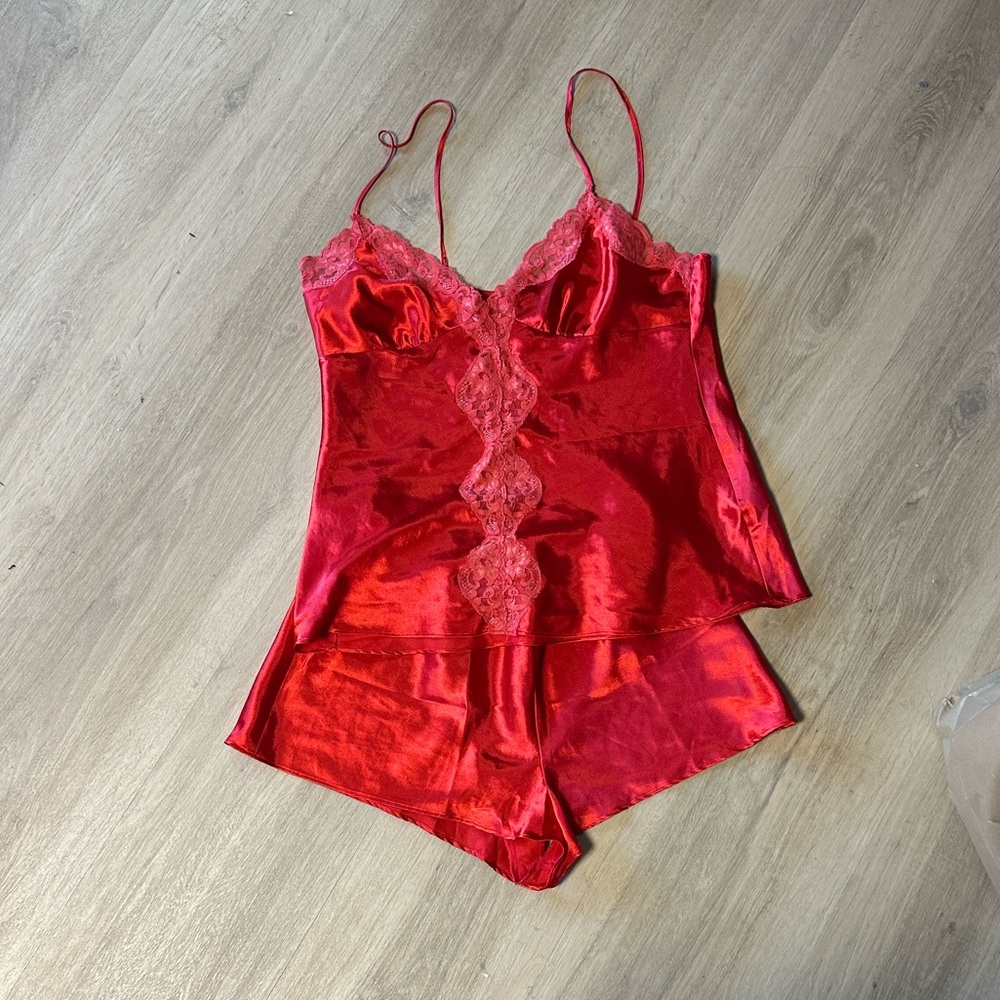 Luxurious Red Satin Lace Sleepwear Set